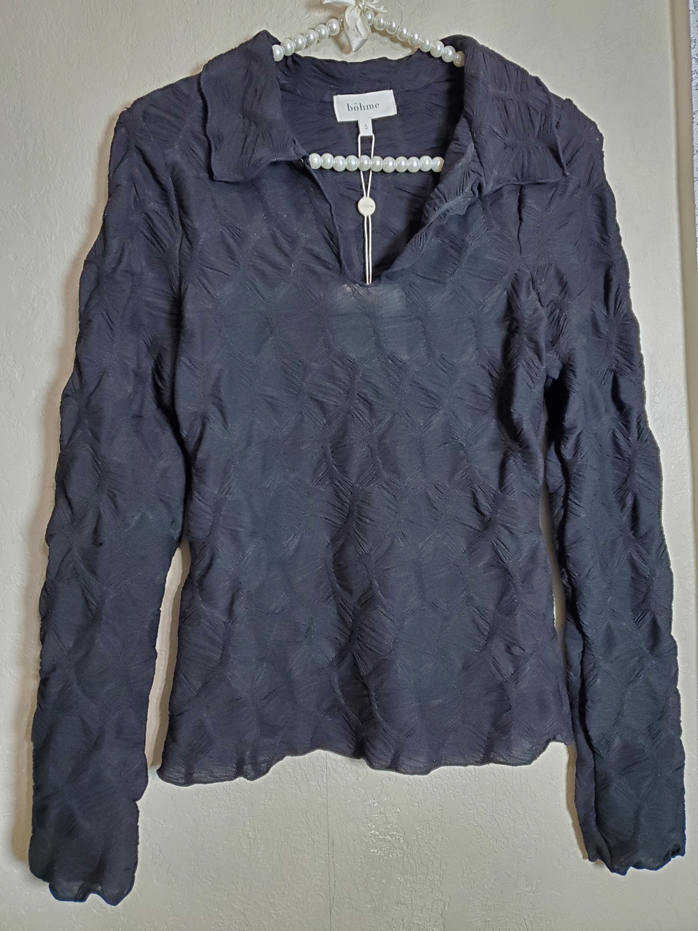 Bohme Black Textured Long-Sleeve V-Neck Top